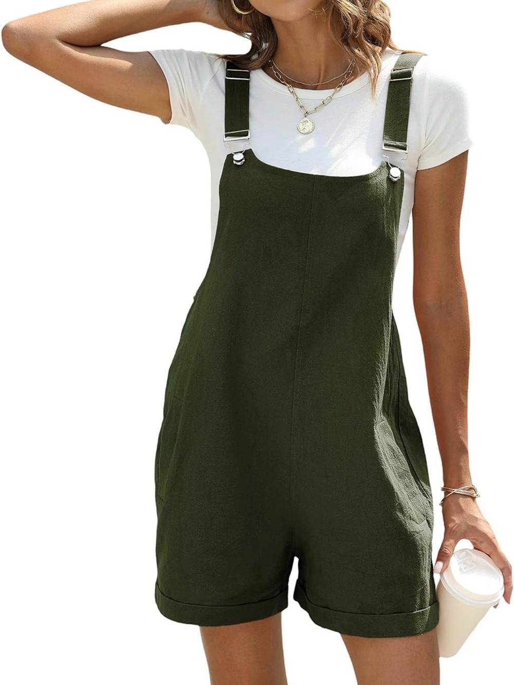 Olive Green Women's Shorts Linen Overall Romper